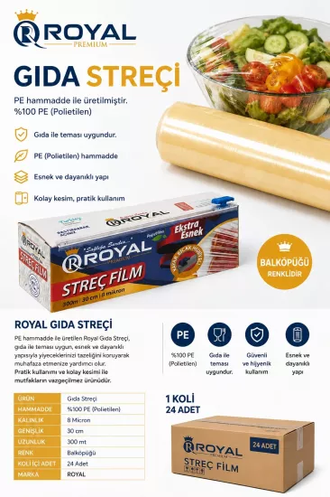 ROYAL PE Gıda Streci 30x300 8 Mikron Kutulu ROYAL PE Gıda Streci 30x300 8 Mikron Kutulu